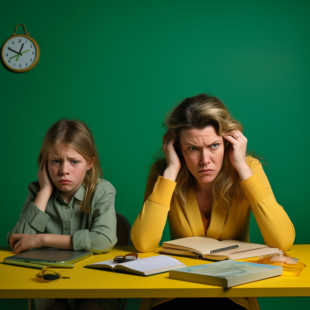 Mother and primary school child stressing over homework