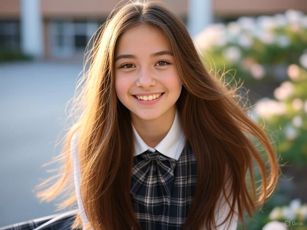 A pretty girl in school uniform standing outside by a playground