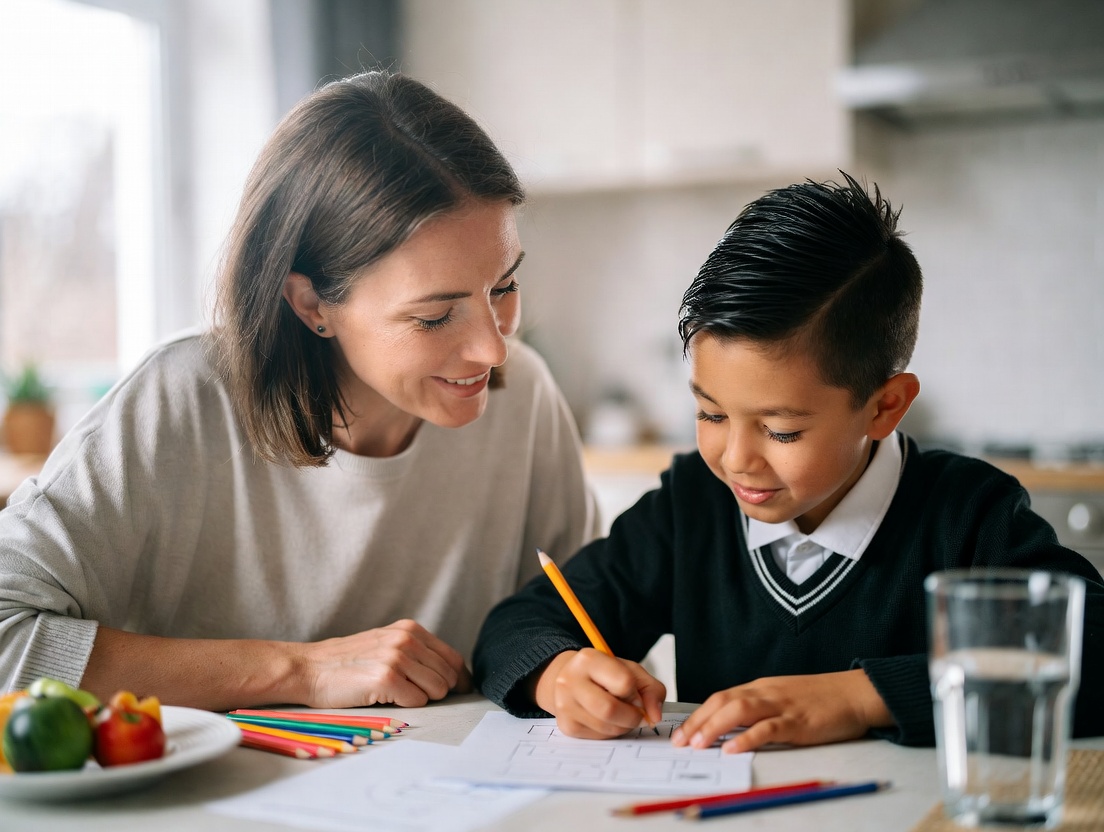A mother at a table with her son, helping him with SATs preparation