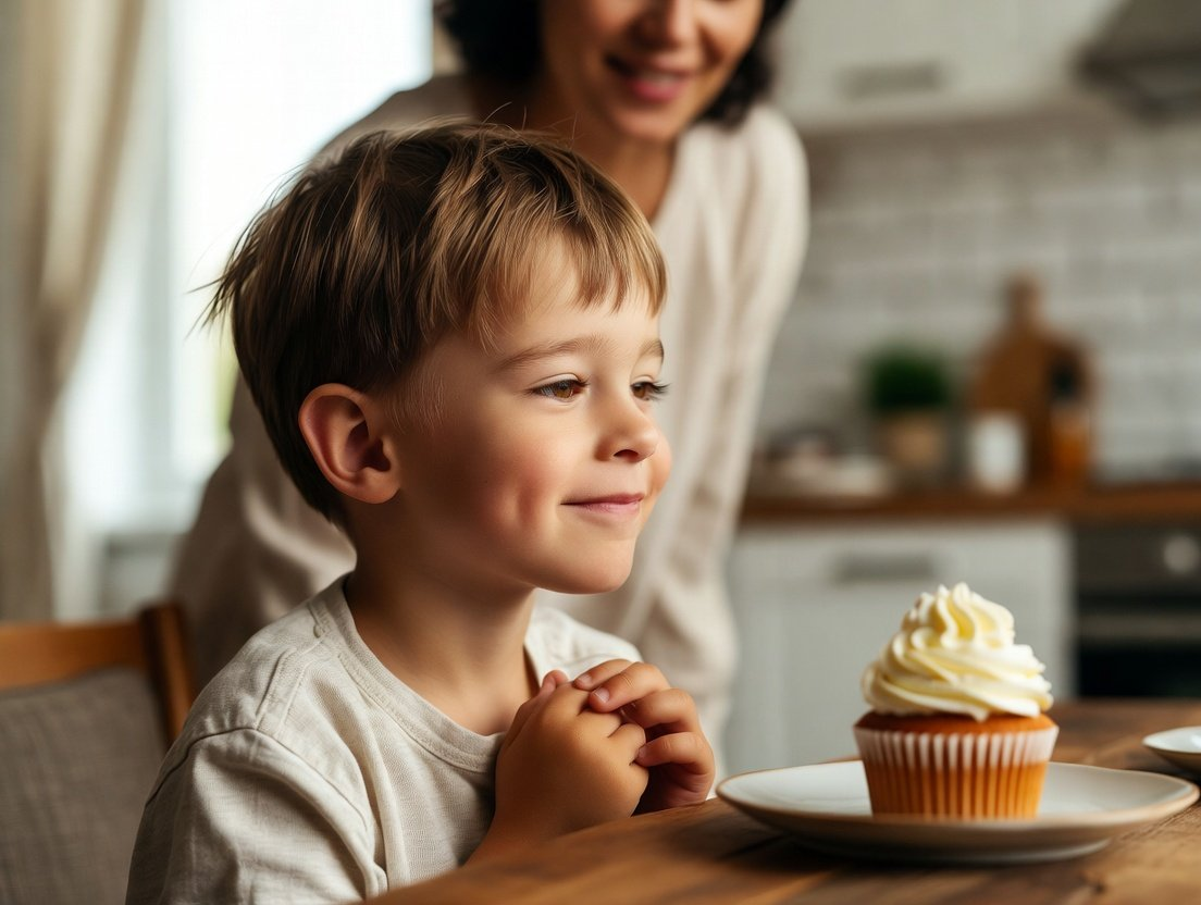 A little boy sitting in front of a cupcake with his mother in the background