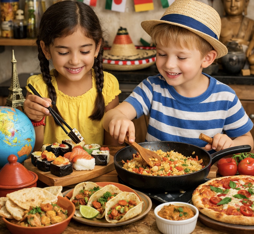 Two children enjoying eating world foods