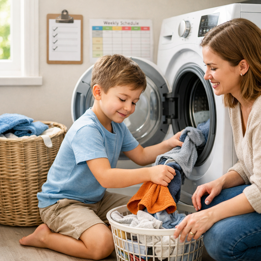 A boy helping his mum with chores