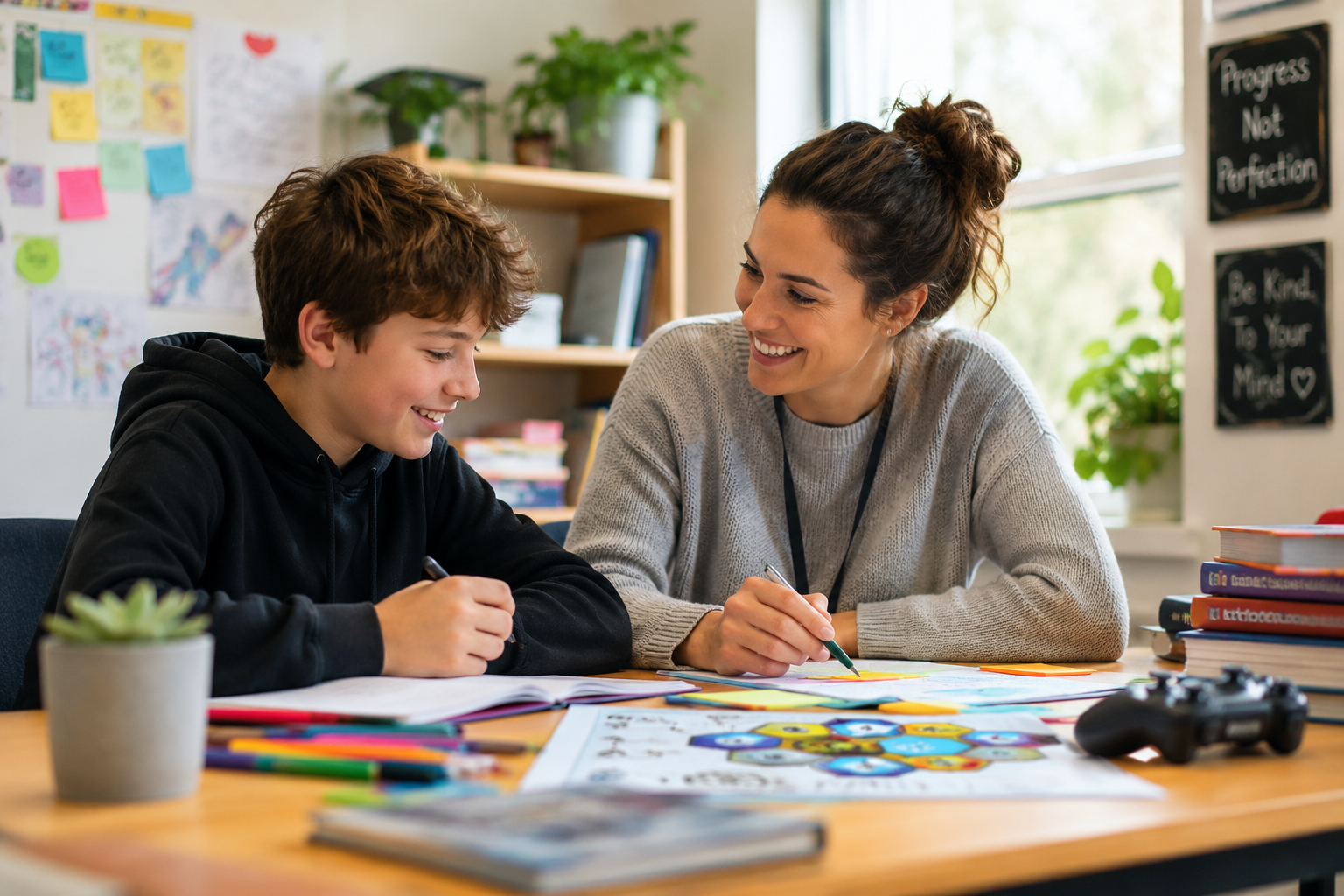 Professional educational photography, relationship-led ADHD learning support, friendly SEND tutor working one-to-one with a secondary school student in a bright and welcoming learning environment. The student is engaged and confident, using visual learning tools, colourful notes, and hands-on activities. Natural interaction, trust and connection visible between tutor and learner.
