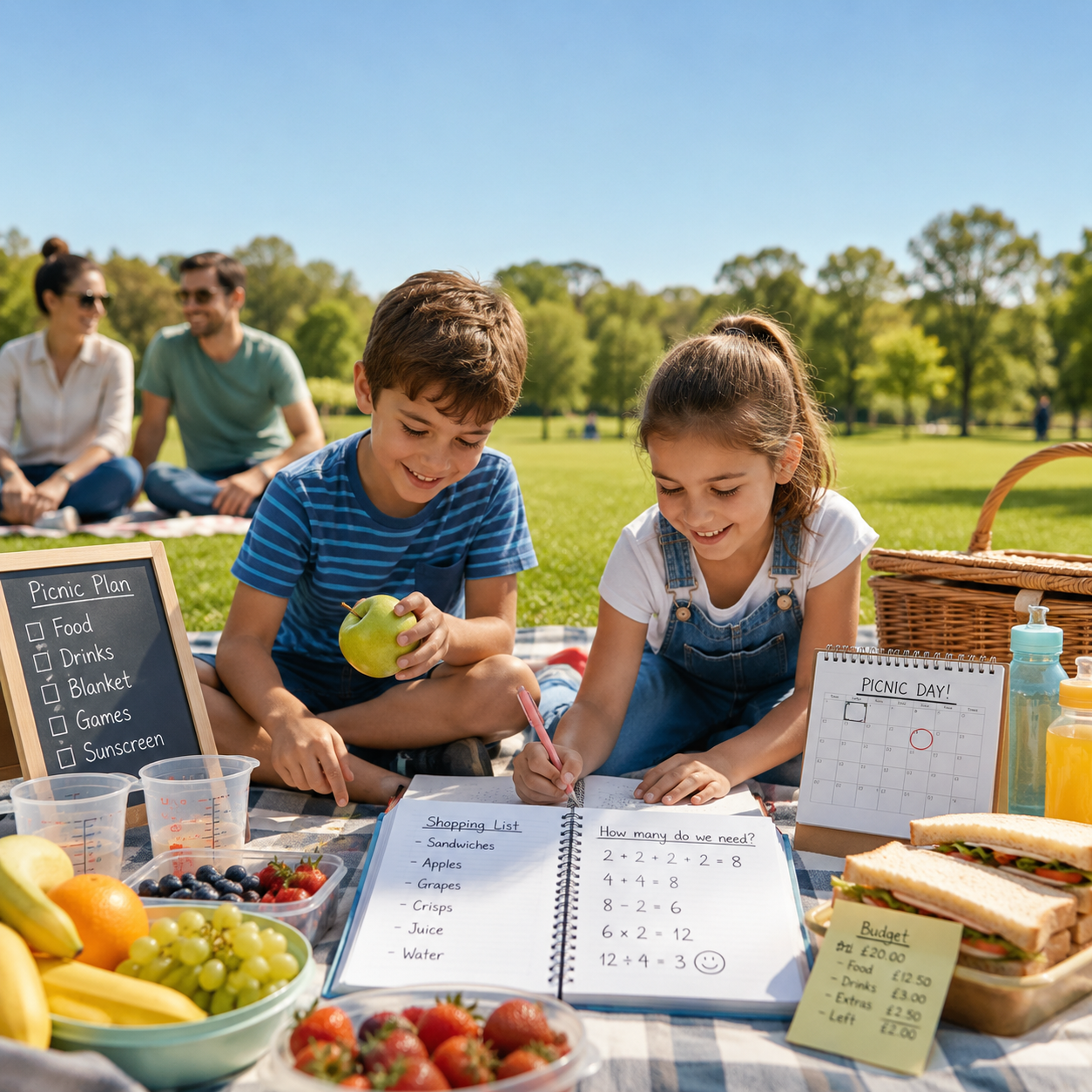 Two primary school-aged children sit on a picnic blanket in a sunny park, using a notebook, shopping list and simple maths calculations to plan a family picnic. Surrounded by fruit, sandwiches, measuring cups and a picnic basket, they practise organisation, budgeting and problem-solving skills while parents relax in the background.