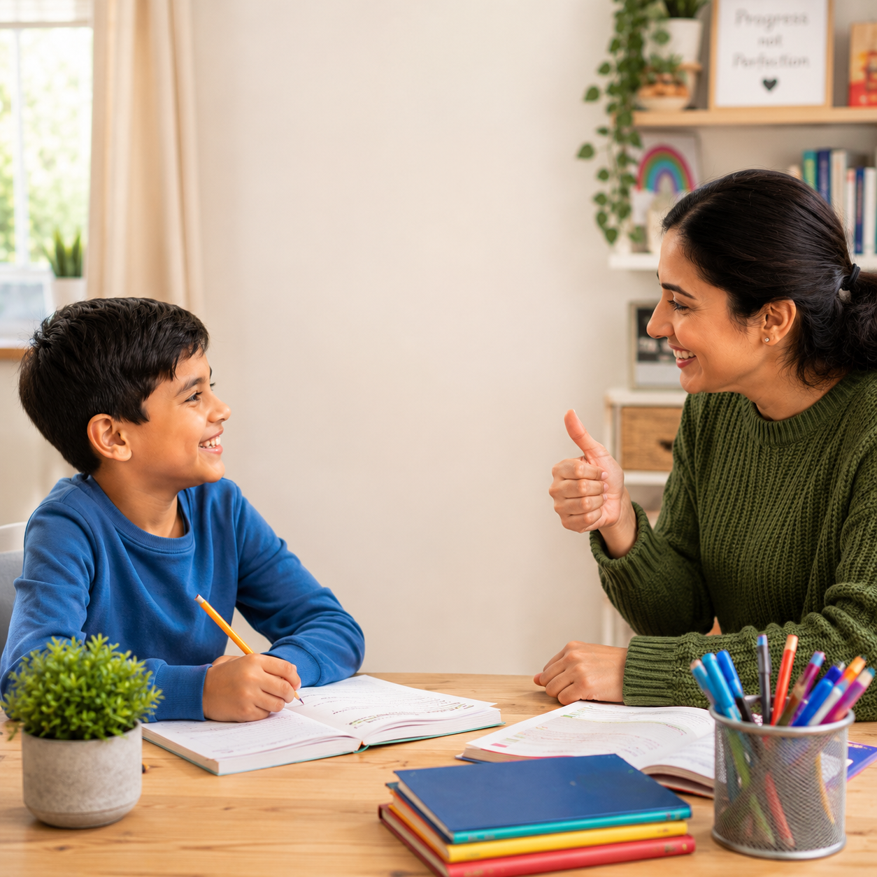 Tutor praising a happy child during a learning session, demonstrating how positive feedback and encouragement help build confidence, motivation and a positive attitude towards learning.