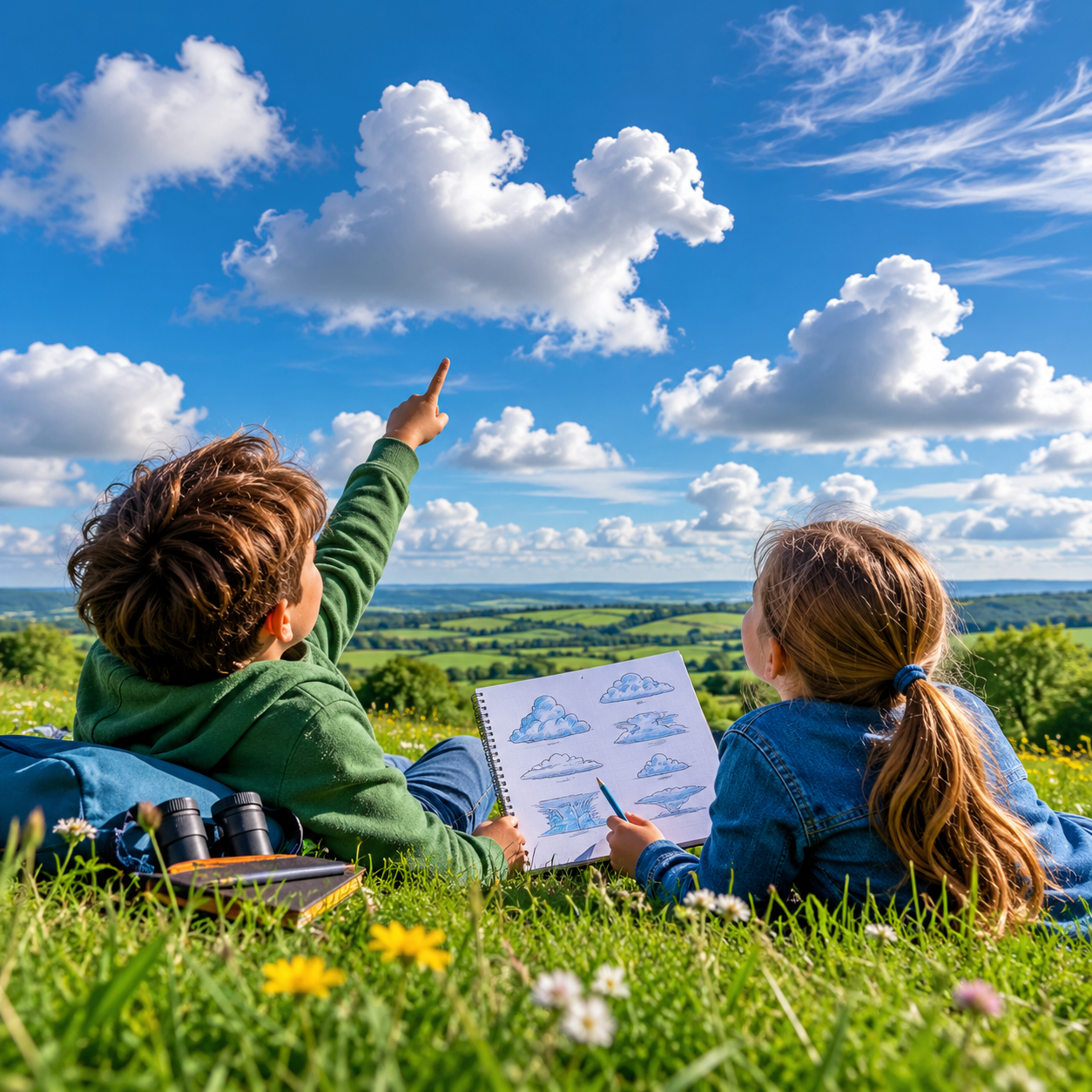 Children cloud spotting in the countryside while learning about different cloud types as part of a geography activity