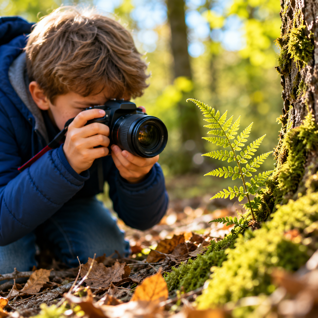 Child photographing detailed patterns in leaves, flowers and tree bark during an outdoor nature photography learning activity.