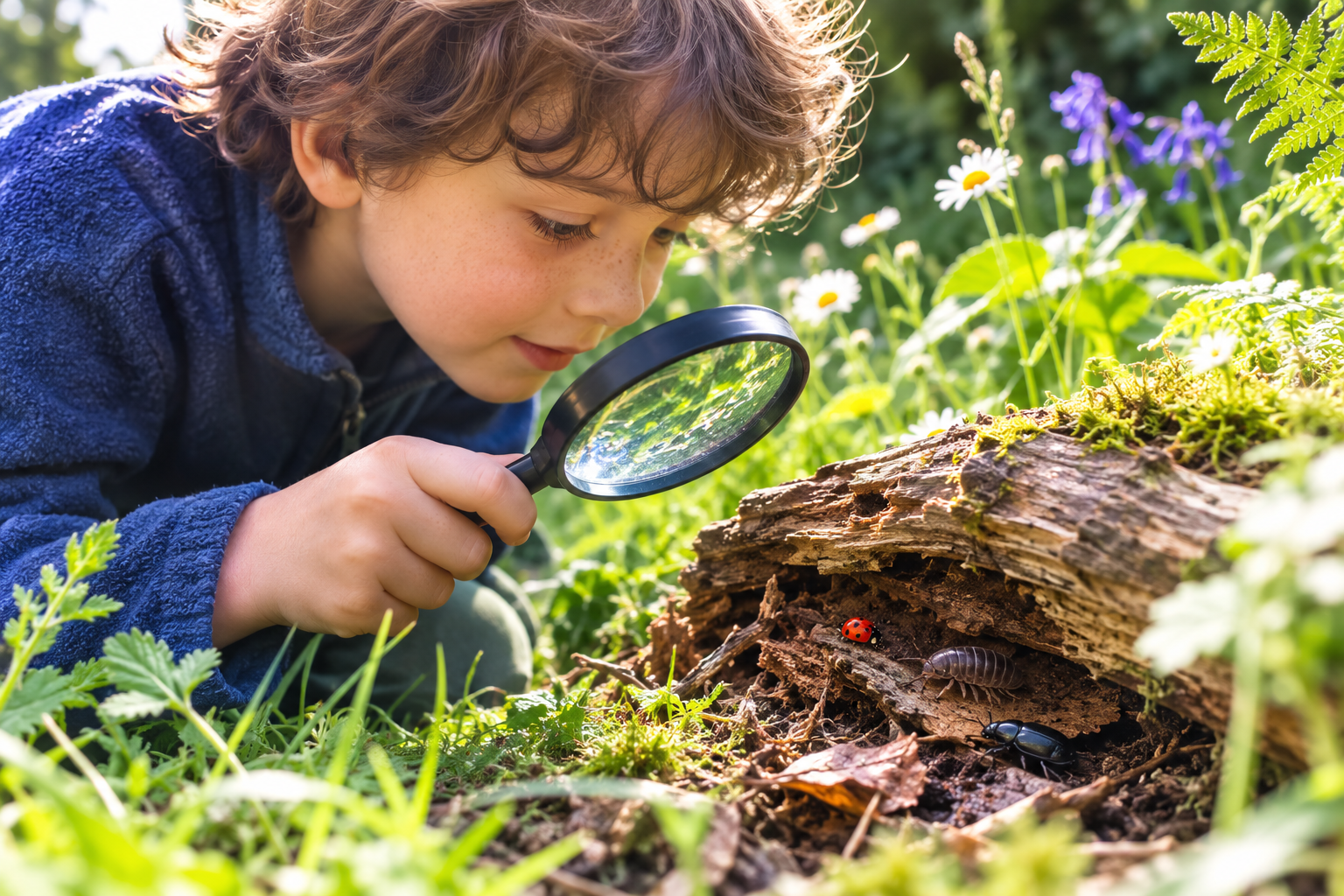 Child exploring insects beneath a log during a bug hunt to learn about ecosystems, biodiversity and wildlife habitats in a garden.