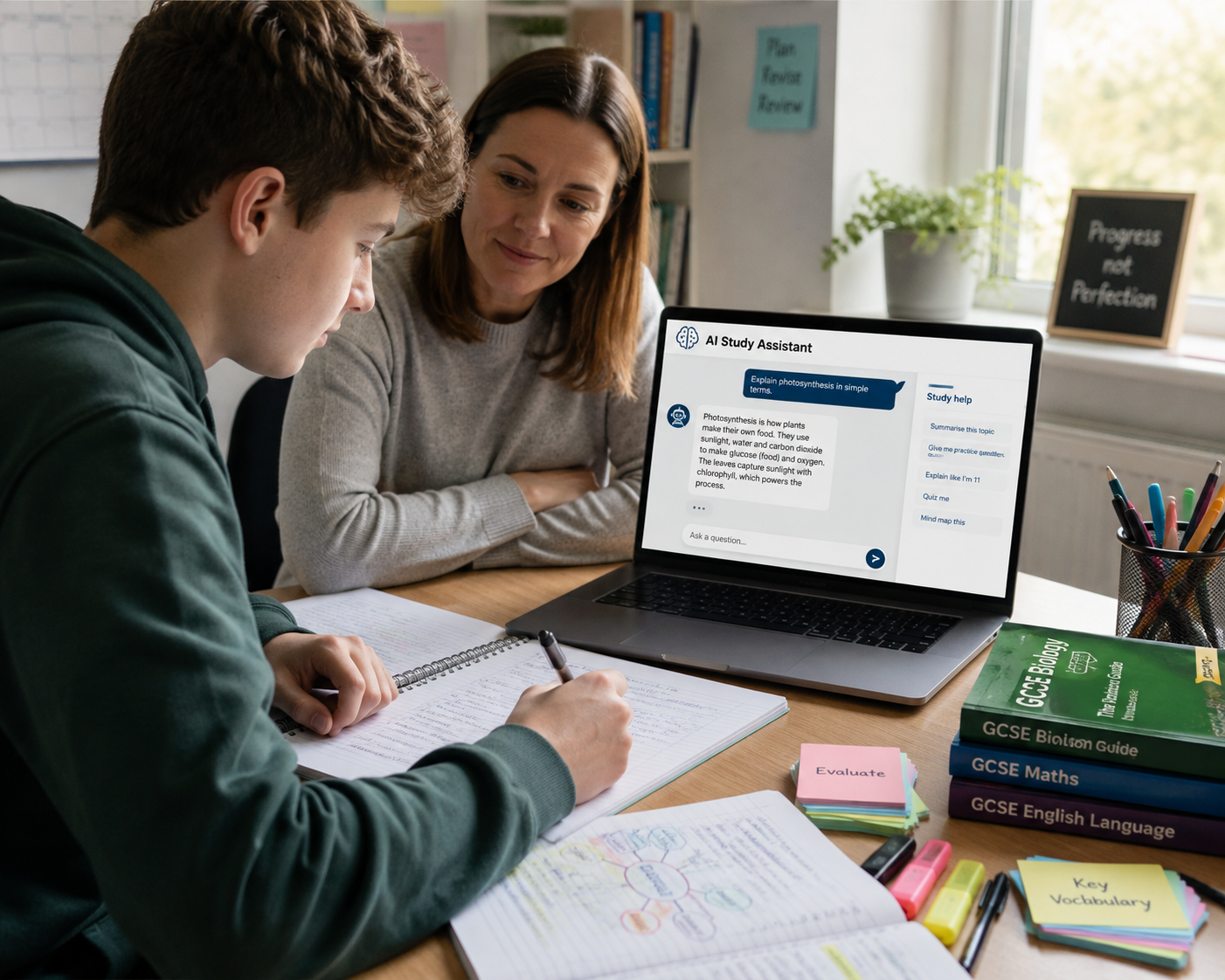 IMG_2255 Student using AI alongside textbooks and handwritten notes for homework and GCSE revision at home with parental support.