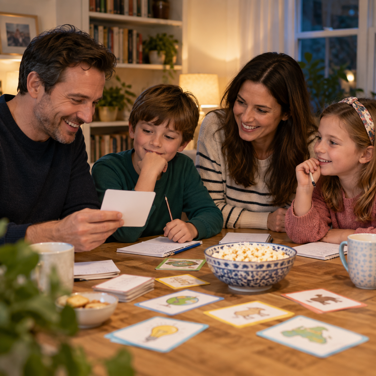 Family enjoying a quiz night at home, using question cards together to build children’s vocabulary and general knowledge.