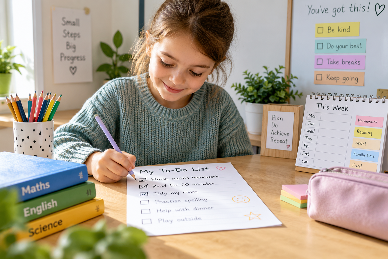 Child using a to-do list to develop executive function skills, organisation and planning.