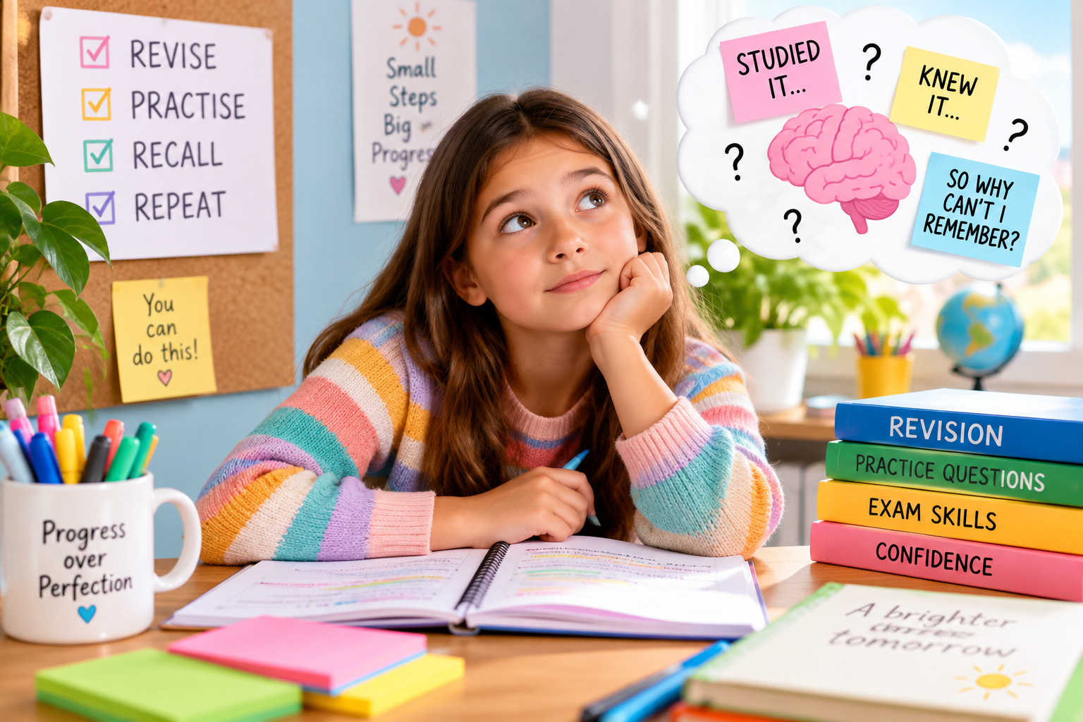 A child revising at a colourful study desk, looking thoughtful as she struggles to recall what she has learned, illustrating the illusion of learning and effective revision techniques.