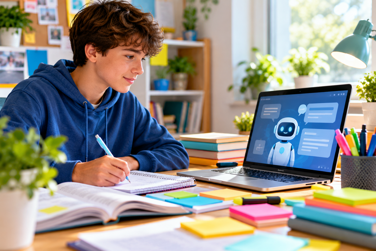 Teenager using an AI tool on a laptop while completing homework and revision with colourful study materials at a desk.