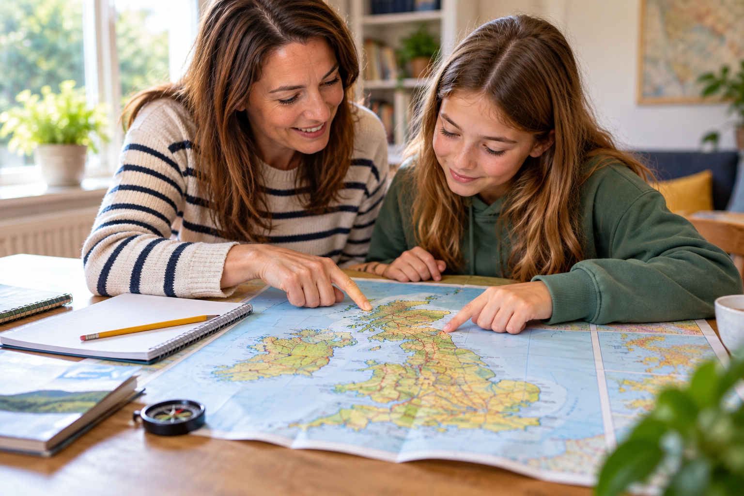 Parent and child reading a UK map together at home to develop comprehension, geography and map-reading skills.