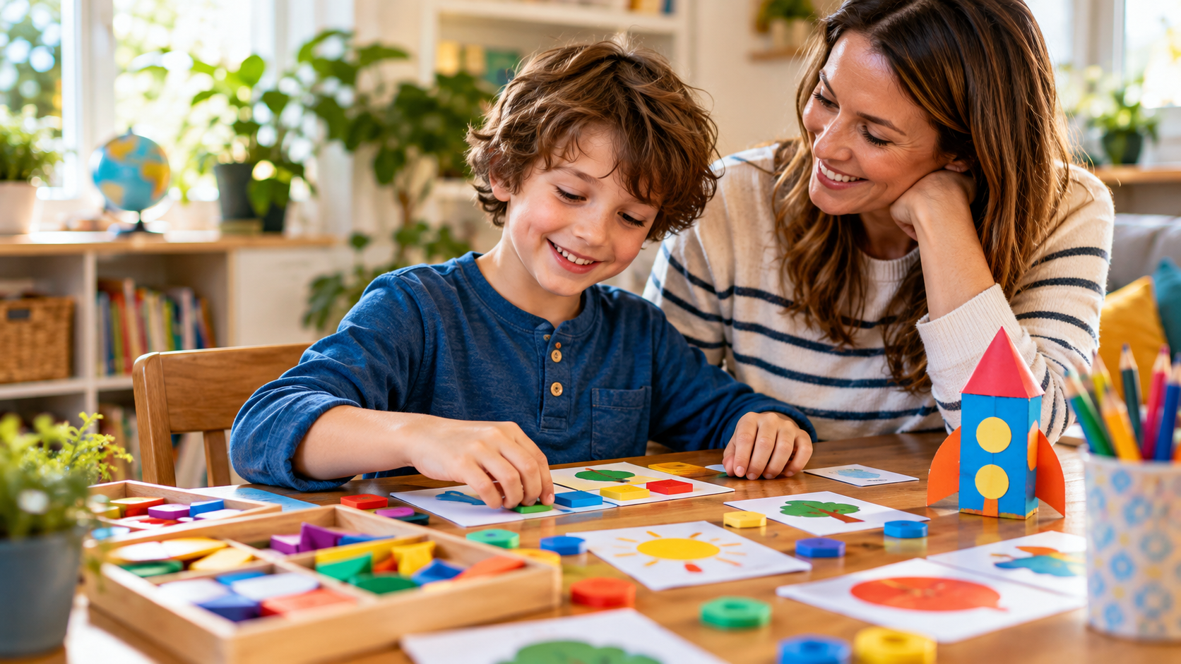 Child building confidence through colourful, hands-on learning activities at home with support from a parent.